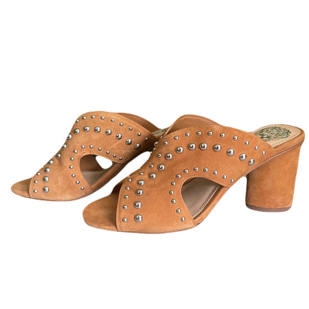 Vince Camuto Women's 6.5 Jorlyn Mule Sandals Camel Tan Suede Silver Studs